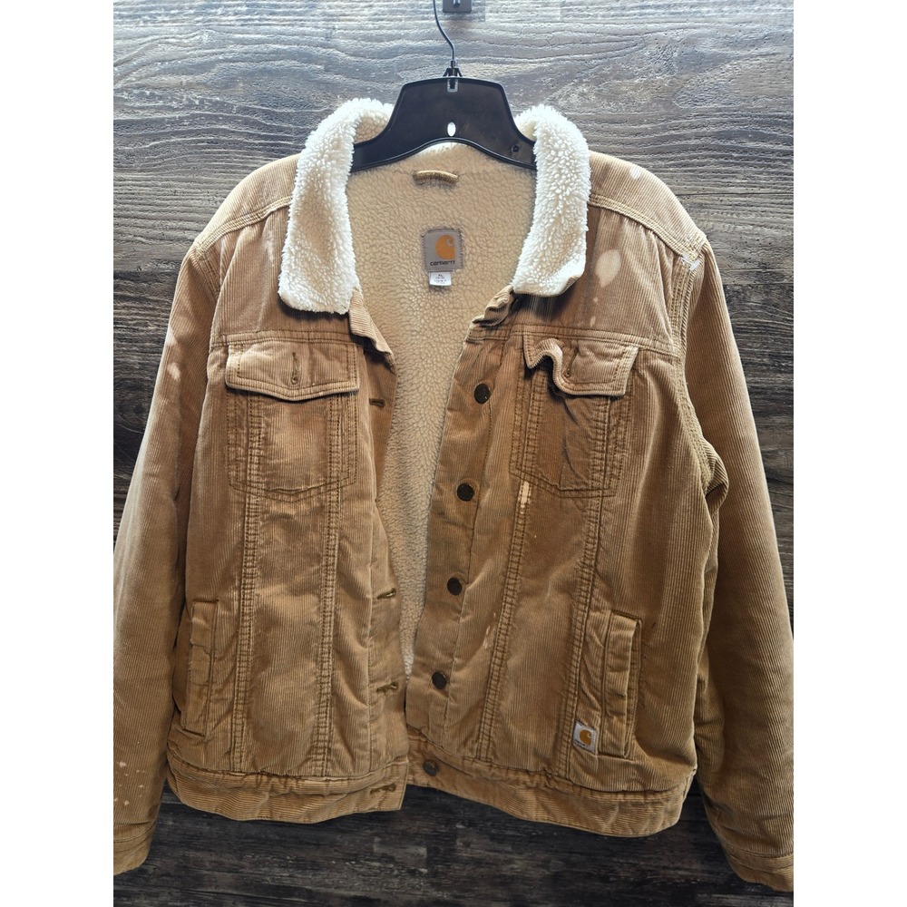 Carhartt Womens XL Corduroy Sherpa Lined Trucker Jacket Tan Distressed Workwear